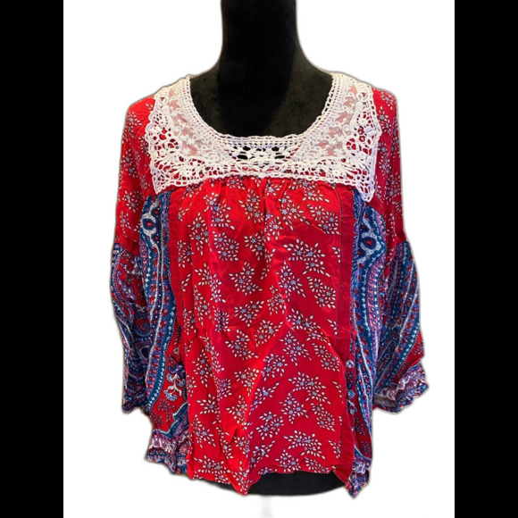 Bila Red Blue Paisley Boho Peasant Lacey Size Large Colorful Sheer Casual Top - Picture 1 of 12